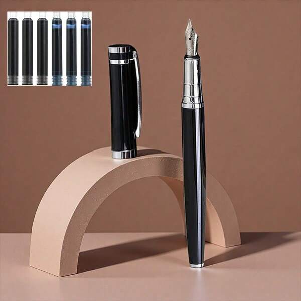 One Pen Luxury Glossy Black Metal Fountain Pen, Smooth Writing, Suitable For Calligraphy Practice, Business-Grade Gift, Suitable For Students And Teachers, Neutral Signature Pen, Replaceable Ink Cartridge