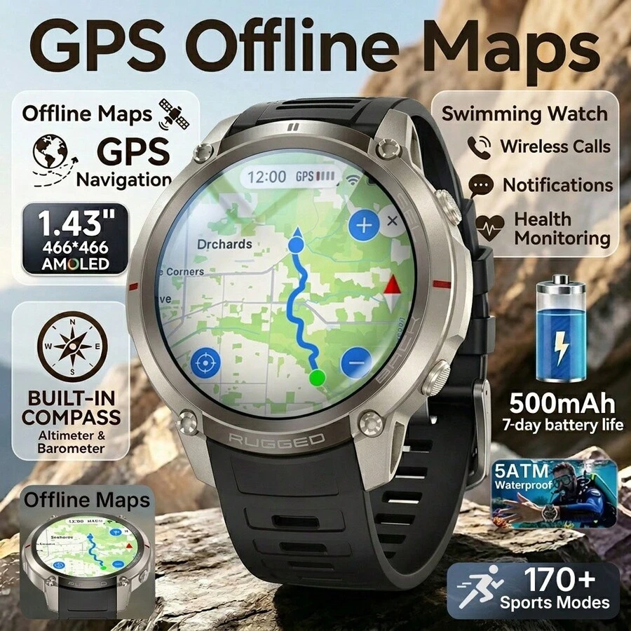 KENPANG Offline Map Men's Smartwatch, Built-In GPS, Downloadable Offline Maps, Navigation Without Phone, 5ATM Waterproof, Swimming Sports Watch, 170+ Sports Modes, Outdoor Compass/Altimeter/Barometer, Wireless Calling, Message Notifications, Weather Forecast, GPS Positioning. 1.43-Inch 460*460 Ultra-Clear AMOLED Screen. Zinc Alloy Anti-Drop Dual-Color Case. Men's And Women's Fitness Tracker, Compatible With IOS And Android