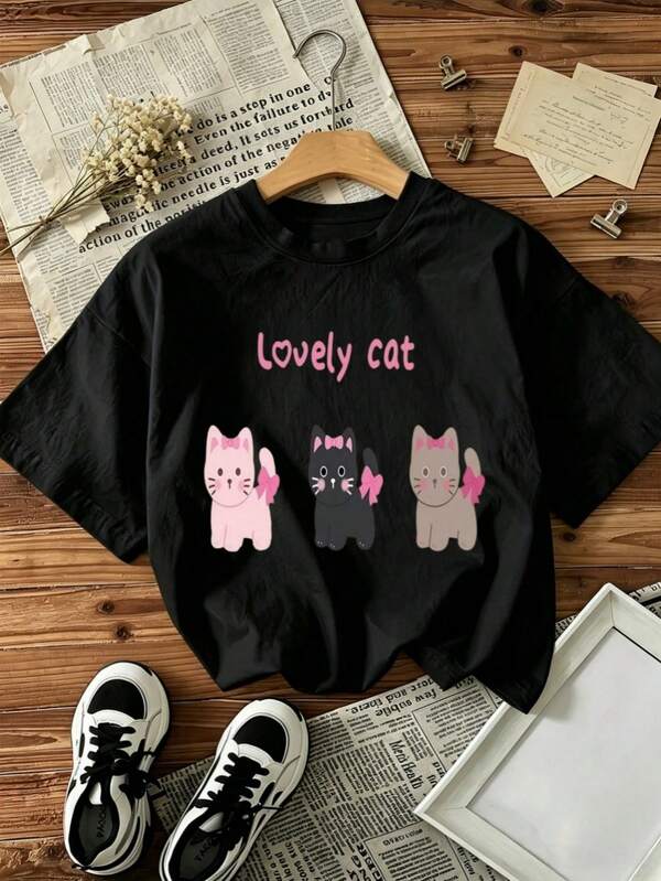 2026 Encantadora Camiseta de Verano para Mujer con Estampado de Gato, Cuello Redondo, Manga Corta, con Estampado de Gatito en Tres Colores, Camiseta Juvenil y Linda para Mujer