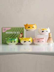 Gift Box Ceramic & Bamboo Matcha Tool Set, Cartoon Cat Face Matcha Bowl & Whisk Stand Combo, Japanese Healing Cute Style, Portable Afternoon Tea Tea Ceremony Utensils Gift - Multicolor - View 3