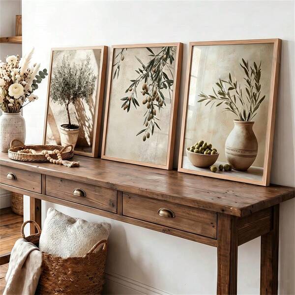 3PCS Vintage Olive Tree Canvas Wall Art Prints For Kitchen, Bedroom, Living Room, And Home Office Decor - Italian Countryside Themed Artwork With Antique Pots And Green Leaves - Ideal Gift For Home Enthusiasts, Still Life Poster, Optional Frame