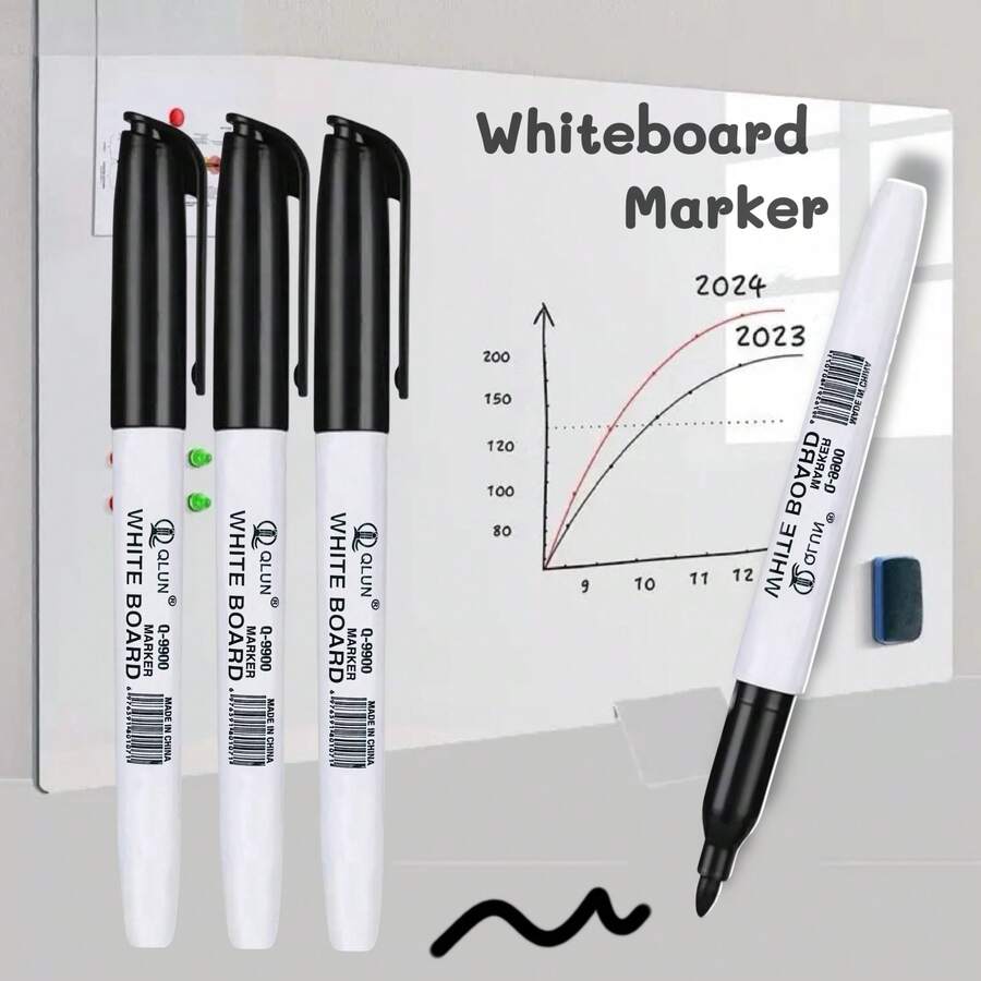 3/12Pcs Black Erasable Whiteboard Markers - Dry Erase Pens For Office School Teaching & Back To School Stationery - Sets - View 1