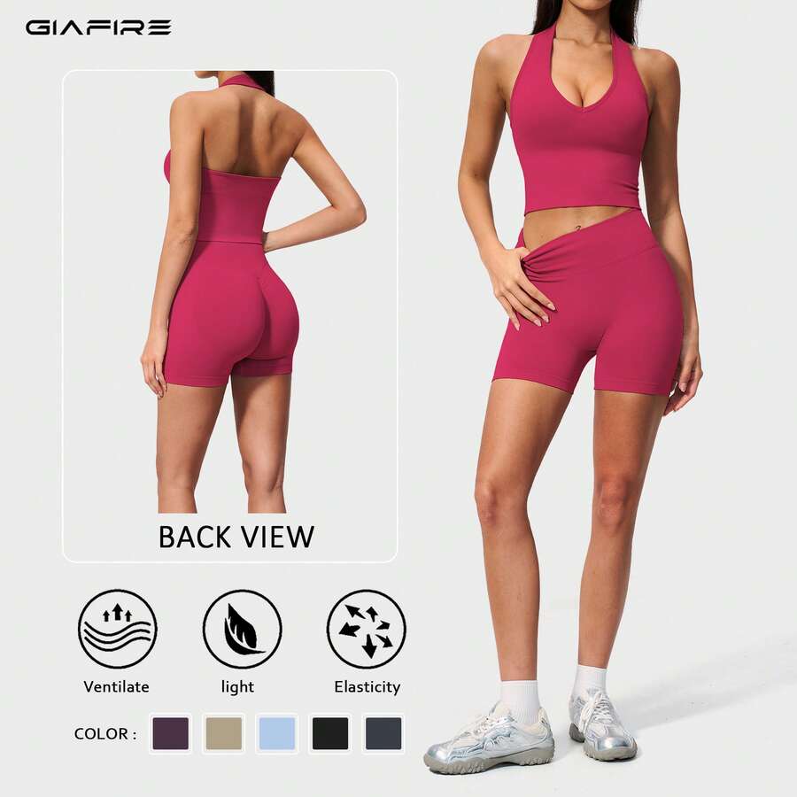 2026新款 GIAFIRE 女款2件式瑜伽套裝，親膚修身背心與高腰提臀收腹短褲，快乾高彈力健身服，適合皮拉提斯、跑步、運動、戶外及休閒穿著，性感舒適