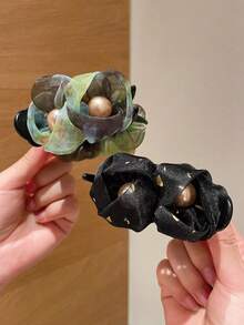 1pc Fashionable Elegant Faux Pearl Mesh Flower Bud Banana Ponytail Hair Claw Clip, Suitable For Daily Wear, Party, Bun Hairstyle, Twist Clip, Perfect For Date, Beach Vacation, Gift Hair Accessory - Multicolor - View 6