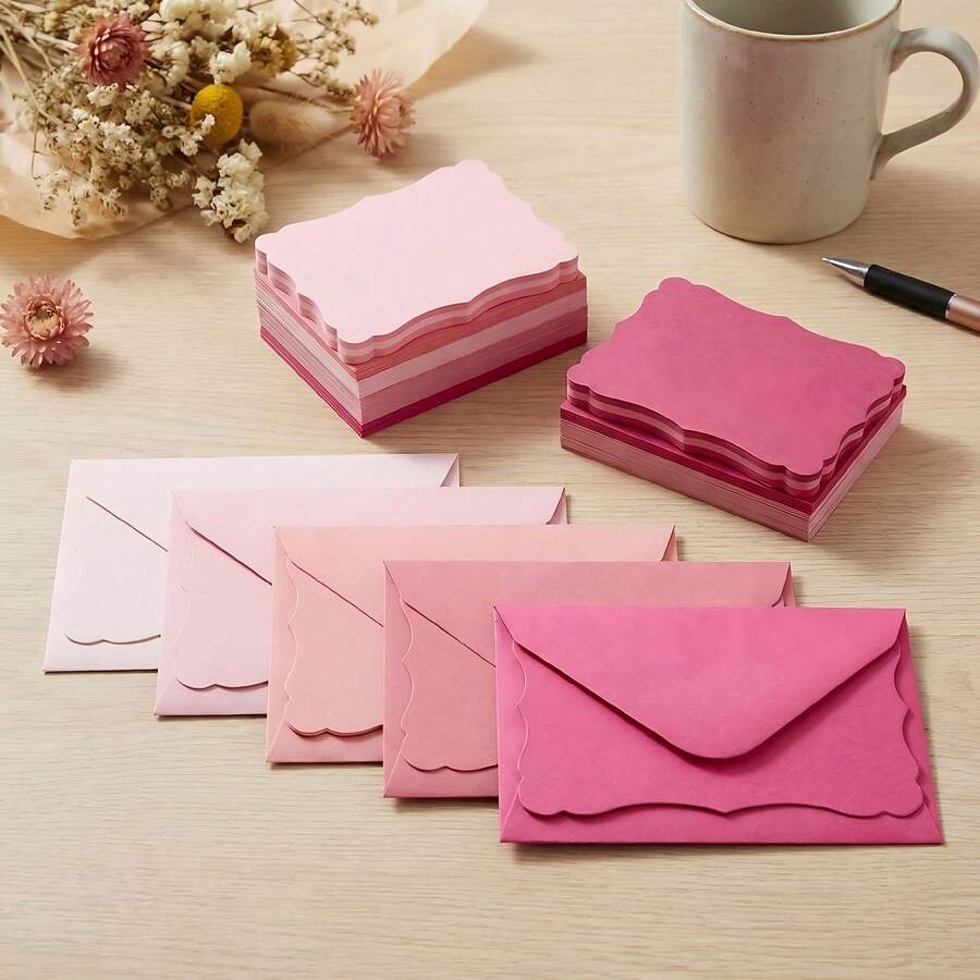 60pcs (30 Envelopes + 30 Cards) Pink Wavy Edge Envelopes, 10X7cm Small Gift Envelopes, Suitable For Wedding Invitations, Gift Cards, Handmade Birthday Party, Thank You - A - View 1