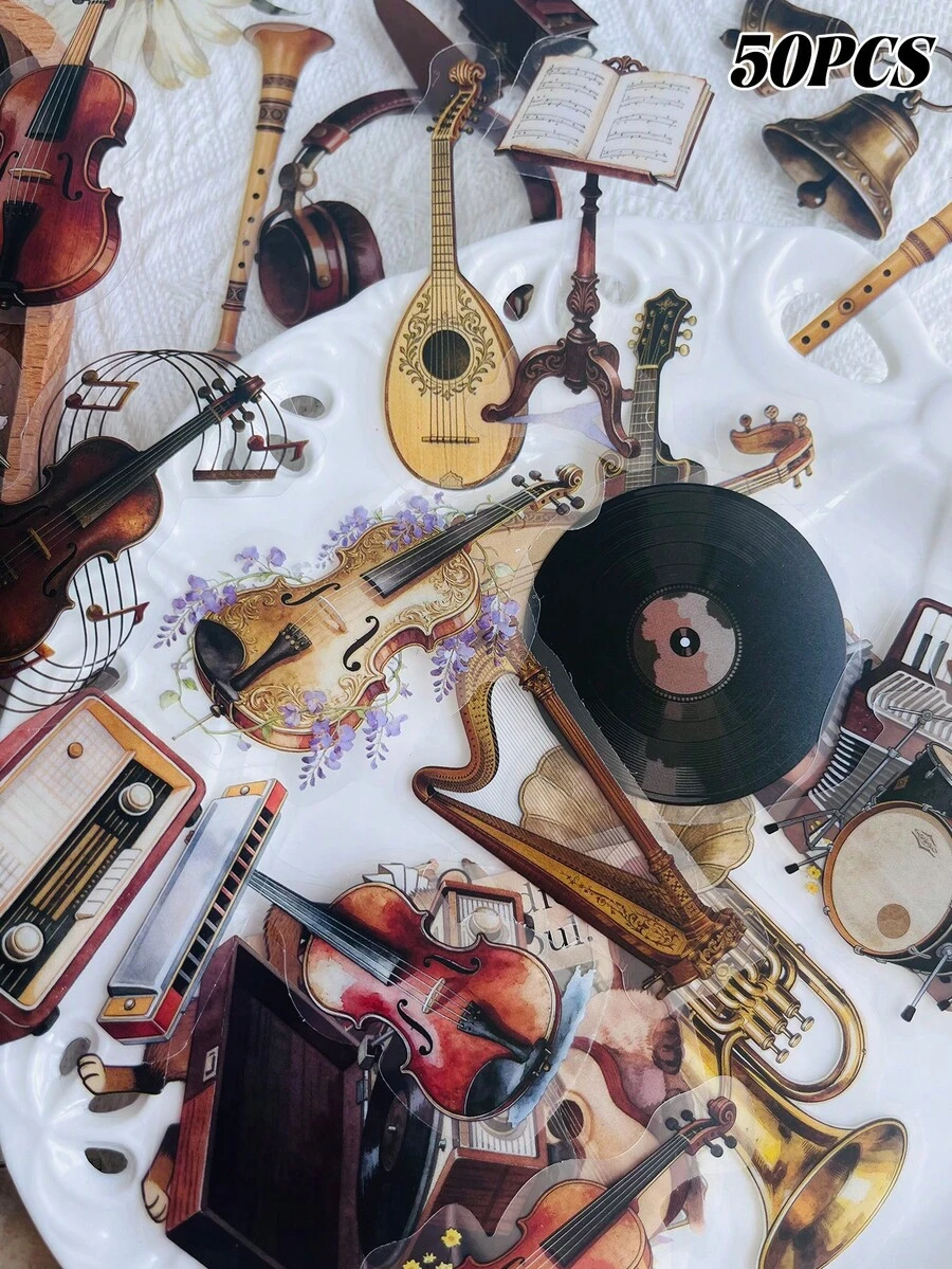 50-Piece Set Of Retro Musical Instrument Stickers For Suitcases, Laptops, Scrapbooks, Diaries, Skateboards, Guitars, Helmets, Instrument Cases, And DIY Decals