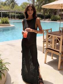 Women's Casual Cute Sexy French Hollow Out Tassel Knit Cover Up Dress, Vacation Holiday Outing Outfit Bohemian Style Black Summer Beach - Pure Black - View 1