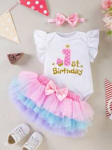 3pcs/Set Baby Girl 1st Birthday Outfit, Cartoon Letter Print Romper With Flare Sleeves, Colorful Skirt, Hair Accessory, Suitable For All Seasons - Multicolor - View 2