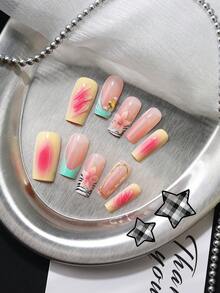 24 Stück lange rechteckige Kunstnägel, Nude-Pink Macaron Farbverlauf French Manicure, 3D rosa Blume, asymmetrischer Metallrahmen, mintgrüne Welle, Goldfolie, Perlen-Fake-Nägel, inklusive Jelly-Kleber + Nagelfeile, geeignet für atmosphärische Mädchen, Reisefotografie, Pendler-Outfit - Verschiedenfarbig - Übersicht 3