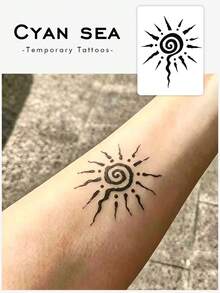 1pc Herbal Spiral Totem Sun Square Pattern Temporary Tattoo Sticker, Realistic Fake Tattoo Design, Suitable For Daily Bachelorette Party Favors, Music Festivals, Gaming, Graduation Gifts, Lasts 7-14 Days - Black - View 1