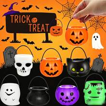 Gift For Her/Him 14pcs Mini Halloween Decor Buckets, Plastic Halloween Trick Or Treat Buckets With Scary Colorful Pumpkin, Bat And Skull Patterns, White, Black, Green, Purple, Durable Desktop Decorations, Assorted Styles - Ornaments - View 1
