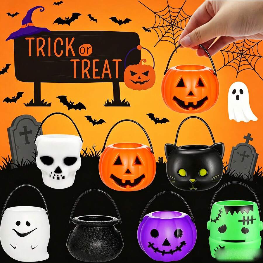 Gift For Her/Him 14pcs Mini Halloween Decor Buckets, Plastic Halloween Trick Or Treat Buckets With Scary Colorful Pumpkin, Bat And Skull Patterns, White, Black, Green, Purple, Durable Desktop Decorations, Assorted Styles - Ornaments - View 1