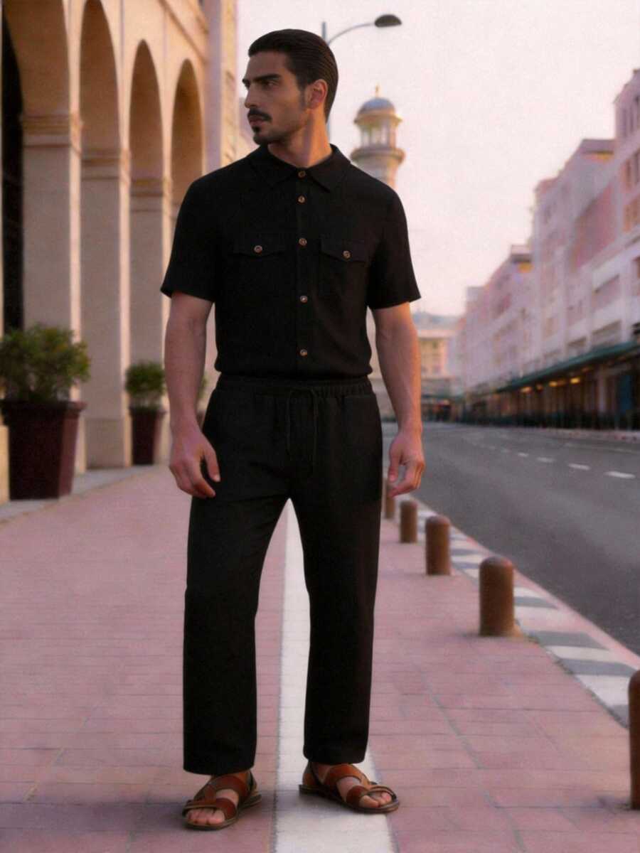 2 件套,新款春夏男士 Dashiki 套装,纯色短袖衬衫,带口袋和经典领子,松紧腰裤,非洲服装,男士休闲短袖和长裤两件套,街头服饰、聚会、约会、婚礼、日常穿着、文化活动、传统仪式 - 黑色 - 查看 1
