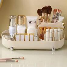 Makeup Brush Storage Box, 360-Degree Rotating Design, Suitable Rotating Storage On Desktop, Special Pencil Cup Offices WLWU - Transparent Cream-colored Rotating Storage Box - View 1