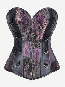 Gothic Patchwork Floral Jacquard Strapless Corset Black Faux Leather Panel Multi D Ring Decor Front Hook Waist Trainer Halloween Cosplay Party Shaper - Purple - View 1