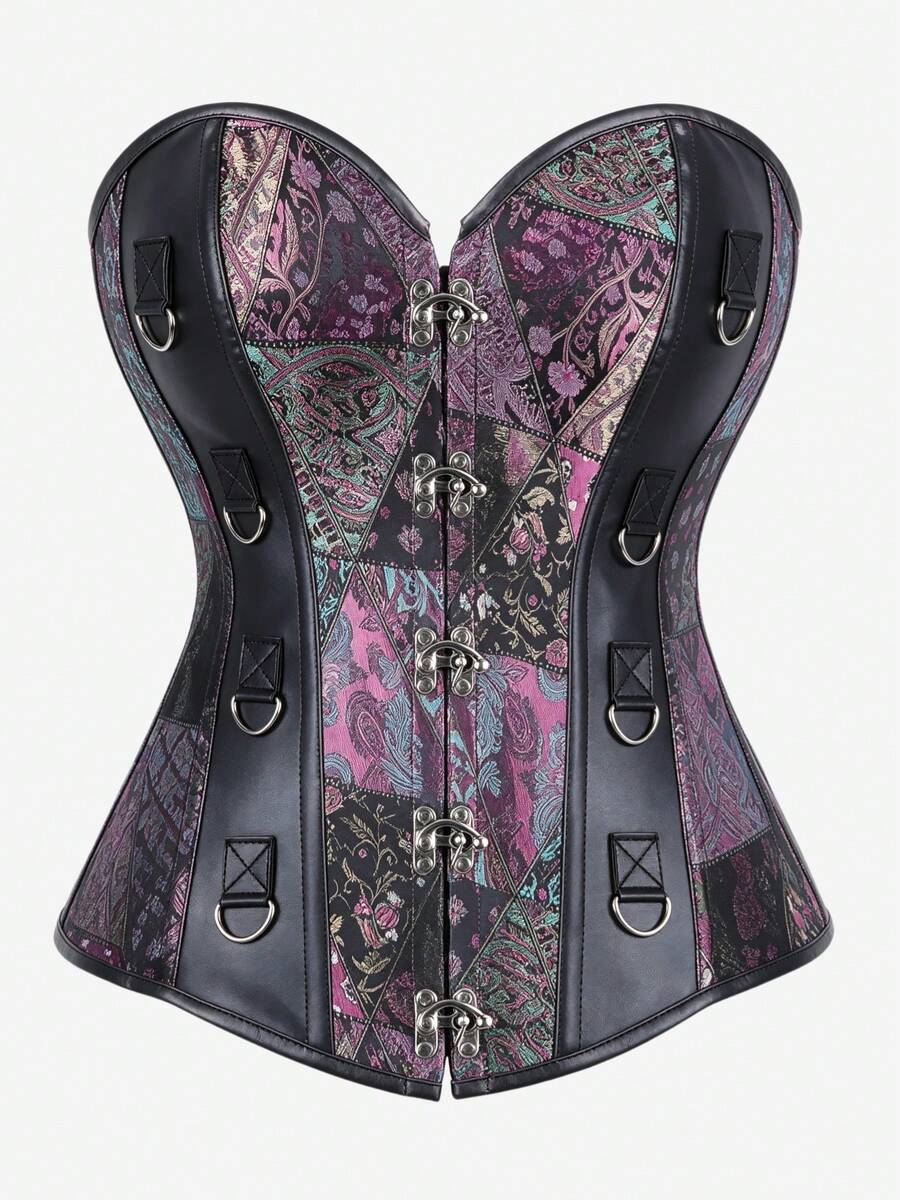 Gothic Patchwork Floral Jacquard Strapless Corset Black Faux Leather Panel Multi D Ring Decor Front Hook Waist Trainer Halloween Cosplay Party Shaper - Purple - View 1