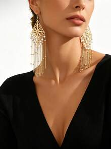 1 Pair Women's Vintage Bohemian Rhombus White Faux Pearl Multi-Layer Tassel Long Dangle Earrings, Gold Hollow Geometric Frame Beaded Tassel Extra Long Earrings, Suitable For Evening Party, Beach Vacation, Retro Theme Party - Golden Yellow+White - View 2