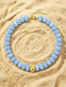 1pc Vintage French Elegant Fashion Hip Hop Bohemian Vacation Style Dopamine Blue Resin Acrylic Irregular Oval Square Beaded Minimalist Adjustable Necklace Set, Personalized Exaggerated Unique Y2K Layered Y-Chain Collarbone Chain Sweater Chain, Suitable For Women Summer Beach Vacation Party Evening Dinner Music Festival Date Gift Daily Wear All Seasons Versatile Jewelry - Blue - View 4