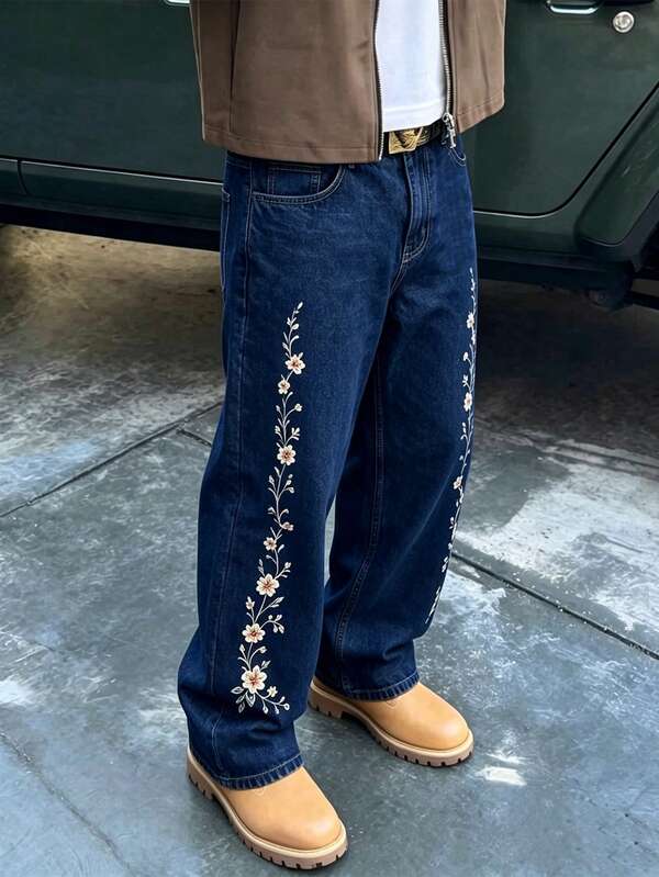 Men's Street Casual Dark Loose Fit Denim Jeans
