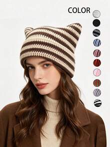 1 pieza Gorro de punto cálido de otoño/invierno, Gorro de punto con orejas de gato estilo Y2K lindo, Gorro minimalista de moda para mujer - gorro de punto con orejas de gato - Ver 11