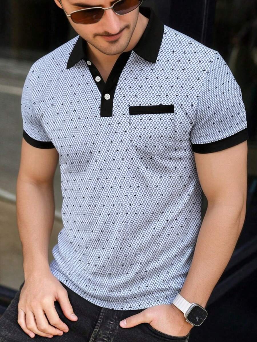 Men's Summer Fashion Versatile Fine Dotted Print Pocket Polo Shirt - Multicolor - View 1
