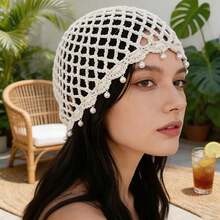 1pc Beach Casual Elegant Solid Color Faux Pearl Tassel Hollow Knit Sun Hat - Multicolor - View 11