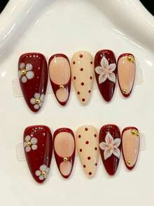 10PCS Almond Handmade Press On Nails For Party And Daily Wear, Red Nails,Wine Red Handmade Press On Nails With White Floral & Polka Dot, Gentle Retro Style.Easy To Wear ,Suitable For Girls And Women Festivals Parties And Daily Wear - Redwood - View 11