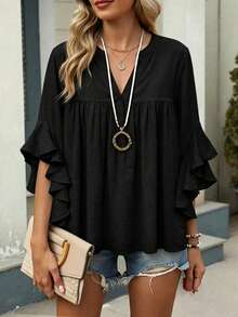 Plus Size Women's Solid Color Ruffle Sleeve V-Neck Blouse Black - Black - View 2