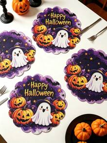 4件組 Happy Halloween 圓形亞麻餐墊，南瓜與幽靈圖案，萬聖節桌墊，西式餐墊，萬聖節裝飾，萬聖節派對裝飾，不給糖就搗蛋裝飾，Happy Halloween 裝飾，桌面配件 - 多色 - 查看 3