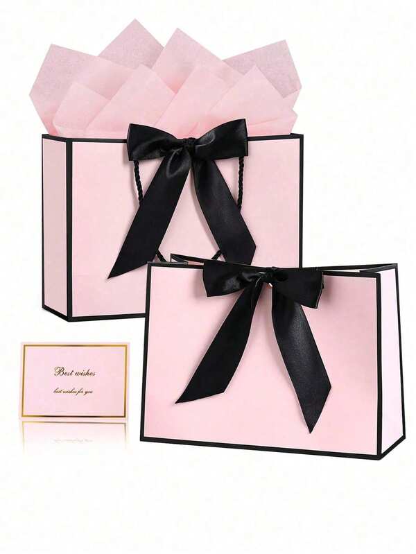 4pcs/Set Gift Bags, Includes 1 Gift Bag, 1 Sheet Of Tissue Paper And 1 Card With Ribbon, Shopping Bags, Suitable For Girls, Weddings, Parties, Christmas, Thanksgiving, New Year, Girlfriend Gatherings, Valentine's Day And Other Occasions