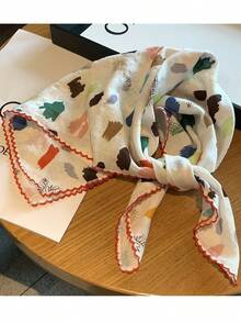 60cm 小碎花正方形絲巾 女款 春/秋新款 高端透視領巾 百搭裝飾薄圍巾 - 米色 - 查看 4