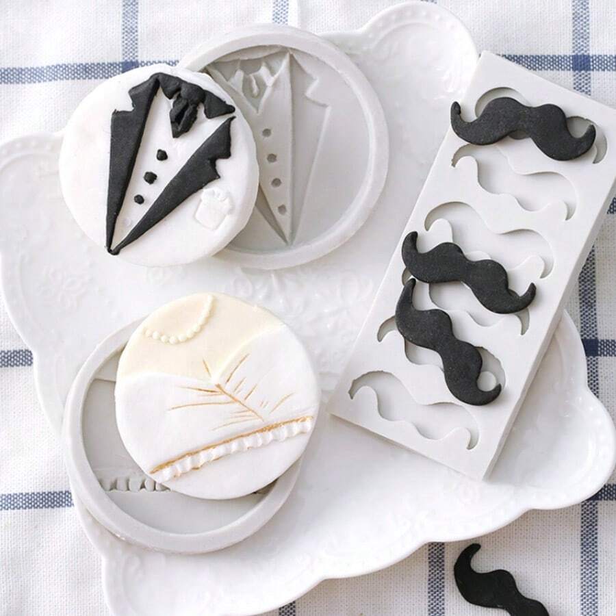 1PC Wedding Dress Suit Mustache Tie Fondant Silicone Mold, Fondant Cake Decorating Tool, Silicone Mold, Candy Cupcake Chocolate Mold, Kitchen Accessories, Baking Tool - View 1