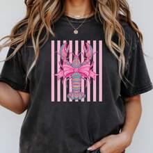 Camisa a rayas color rosa con diseño de langosta, camiseta con lazo costero, top femenino de verano para la playa, estampado preppy de mariscos, est - Negro - Ver 1
