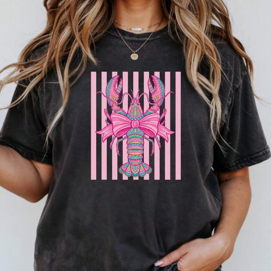 Camisa a rayas color rosa con diseño de langosta, camiseta con lazo costero, top femenino de verano para la playa, estampado preppy de mariscos, est - Negro - Ver 1