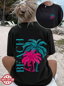 Women's Summer Tops,Plus Size, Summer Large Size Women's Round Neck Short Sleeve T-Shirt, 100% High Quality, Palm Tree Creative Print, Casual Style, V - Black - View 1