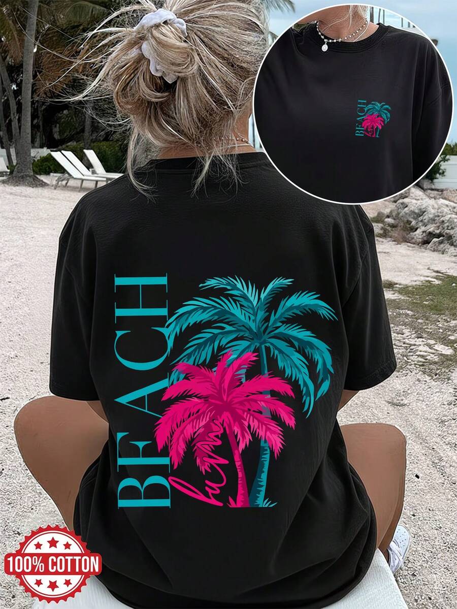 Women's Summer Tops,Plus Size, Summer Large Size Women's Round Neck Short Sleeve T-Shirt, 100% High Quality, Palm Tree Creative Print, Casual Style, V - Black - View 1