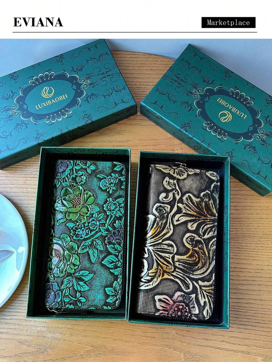 Premium Vintage Carved Long Women's Wallet, Fashionable Elegant Floral Pattern Clutch Purse With Phone Compartment, Multiple Card Slots, Coin Pocket, Random Texture Color PU