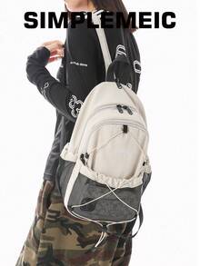Unisex minimalistischer Mesh-Patchwork-Rucksack mit Kontrastfarben, Paar-Reisetasche, unisex multifunktionale Umhängetasche, Schulrucksack, kleine Aufbewahrungstasche, Wander- und Sporttasche - Beige - Übersicht 2
