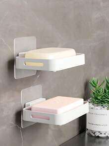 1pc Wall-Mounted Soap Holder, No-Drill Draining Soap Dish With Water Tray, Bathroom Soap Storage Rack - Type a - View 6