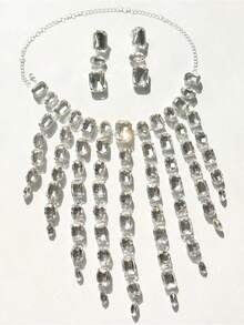 Fashion Bling Rhinestone Earrings & Necklace Set, Bridal Wedding Banquet Jewelry Set - Silver - View 9