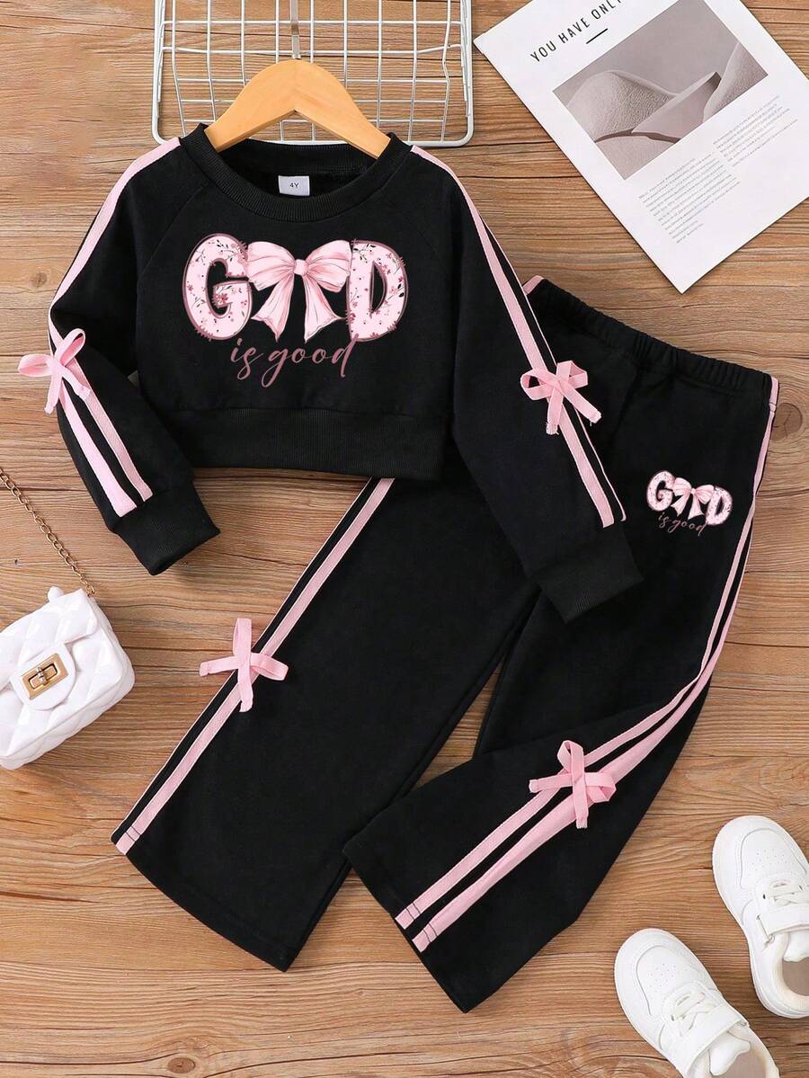 Toddler Bow Pattern Bow Decor Crew Neck Sweatshirt And Straight Leg Pants - Black - View 1