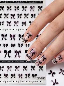1PC Sweet Coquette Flat Nail Art Stickers, Mixed Large & Tiny Black Pink Polka Dot Bow Nail Decals, Self-Stick Nail Decor Accessories For Casual Date Simple Nail Design - Black - View 2