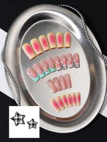 24 Stück lange rechteckige Kunstnägel, Nude-Pink Macaron Farbverlauf French Manicure, 3D rosa Blume, asymmetrischer Metallrahmen, mintgrüne Welle, Goldfolie, Perlen-Fake-Nägel, inklusive Jelly-Kleber + Nagelfeile, geeignet für atmosphärische Mädchen, Reisefotografie, Pendler-Outfit - Verschiedenfarbig - Übersicht 2