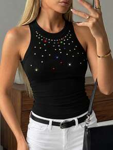 ChicMe Atasan Tank Top Wanita Model Racerback Bergaris dengan Hiasan Rhinestone Warna-warni, Kerah Bulat, Potongan Slim Fit, Atasan Camisole Rajut Bergaris untuk Pesta, Pakaian Sehari-hari, Streetwear Kasual - Hitam - View 7
