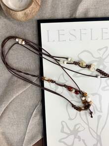 Bohemian Style Beaded Leather Cord Thin Waist Belt, Double Strand Tie Waist Belt With Faux Stone, Shell And Wooden Bead Decor, Bohemian Style Festival Accessory For Women - Woven Belt - View 14