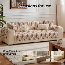 ALPLUME 1pc Geometric Diamond Fluffy Sofa Cushion Cover Set, Non-Slip Washable Textured Sofa Seat Protector, Suitable For Pet Owners, Families, Children, Modern Minimalist Neutral Furniture Cover, Living Room Apartment Daily Home Decor, Multiple Sizes - Khaki - View 2