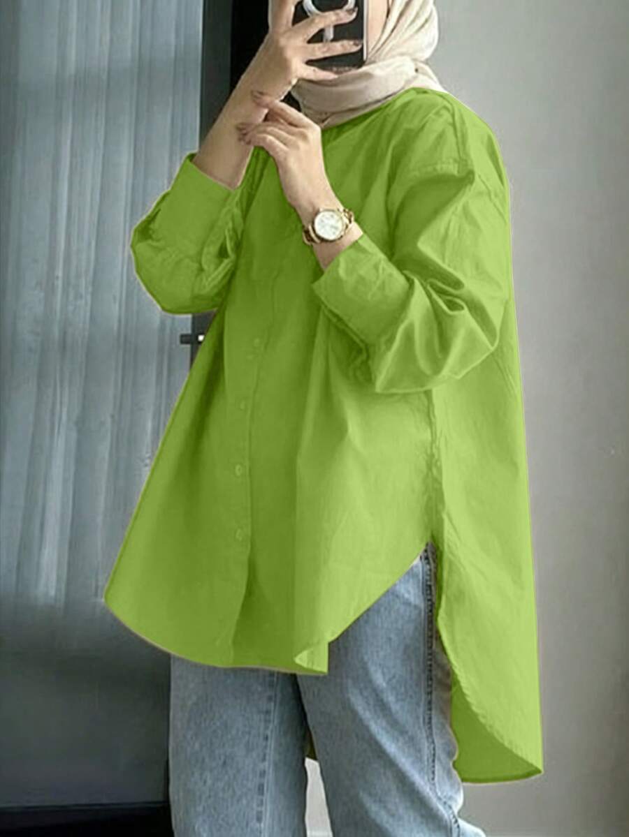 女款優雅長袖格紋襯衫領前扣常規上衣,梭織面料 - 橄欖綠 - 查看 1