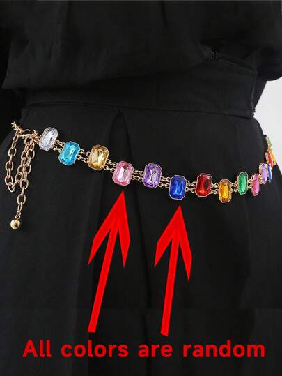 Luxury Vintage Y2K Elegant Colorful Resin Artificial Rhinestone Metal Waist Chain, Short Skirt Pants Decorative Belt, Metal Motorcycle Chain