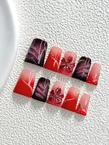 10片裝深色優雅手工穿戴甲，Polygel美甲套組，3D波浪紋理，紅粉色指甲油，復古哥德風，附美甲工具，3種尺寸可選，杏仁/鴨嘴/棺材形，適合派對、跳舞、日常配戴 - 彩色 - 查看 19