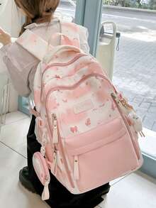 Designed Backpack Fresh Macaron Color Scheme School Bag For Female Students Korean Campus Style. Large Capacity Layered Design Can Easily Store Laptop, Textbooks And Daily Items, Front Pocket And Side Pocket Organized. Thoughtfully Includes Matching Printed Round Coin Purse, Perfect For School Commute, Weekend Outings Or Short Trips. No Pendant. - Multicolor - View 4